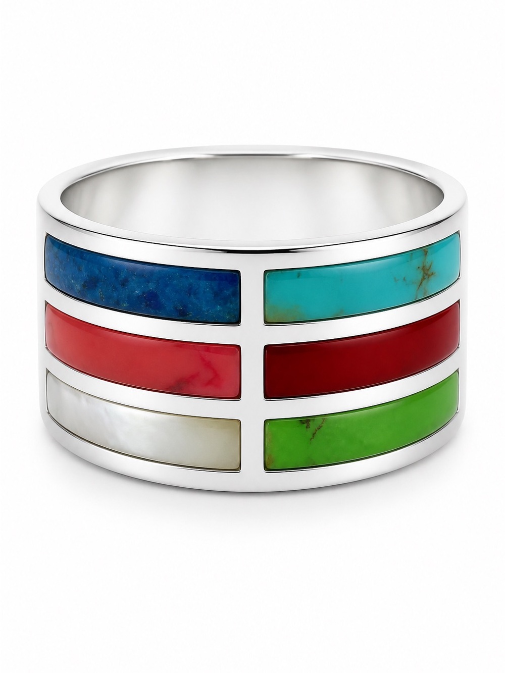 Sterling Inlaid Stone Ring Sz 6.75